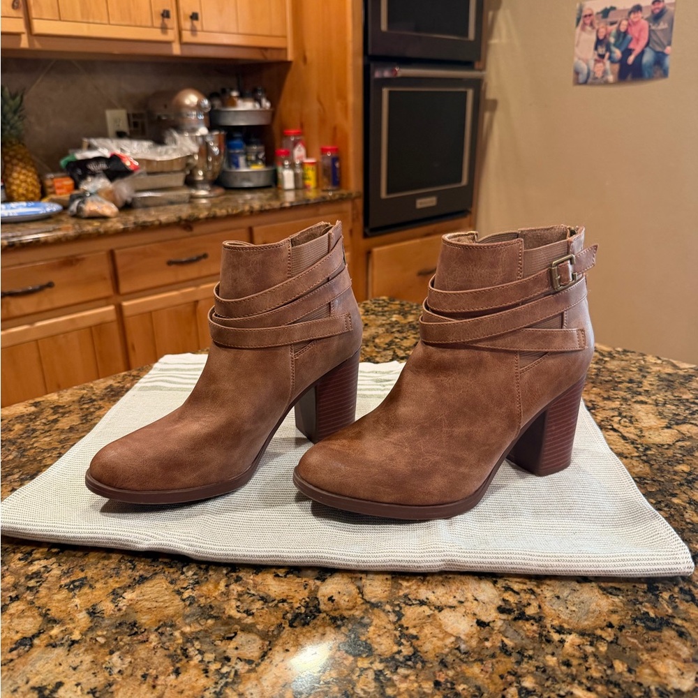 Amazon Brown Suede-Look Ankle Boots with Wrap Strap and Buckle